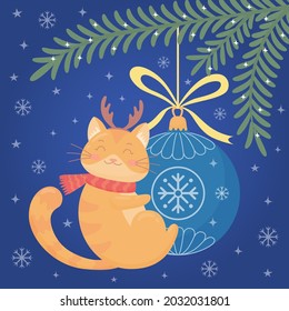 Cute red cat with christmas ball, christmas tree branch and snowflakes. Merry christmas and happy new year greeting card, party invitation, sticker, poster template. Vector illustration in cartoon