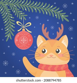 Cute red cat with christmas ball, spruce branch and snowflakes. Merry christmas and happy new year greeting card, party invitation, sticker, poster. Vector illustration in cartoon style