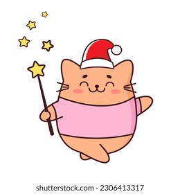 Cute red cat in a Christmas hat with a magic wand in the style of kawaii. Vector illustration