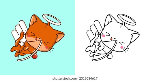 Cute Red Cat Clipart Illustration and Black and White. Funny Cat Art. Vector Illustration of a Kawaii Animal for Coloring Pages, Stickers, Baby Shower, Prints for Clothes.

