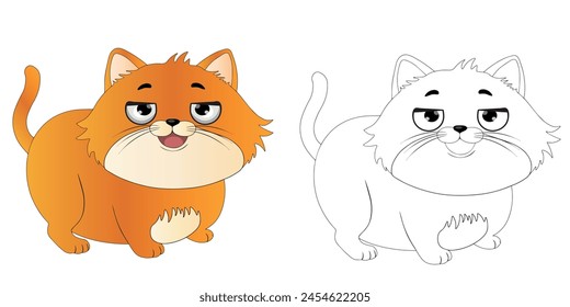 Cute red cat coloring page. Vector illustration color and black and white. Cat clipart.