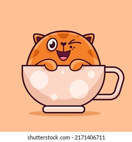 Cute red cat in a cup. Demonstrates emotions, joy, happiness, breakfast. Cat character hand drawn style, sticker, emoji