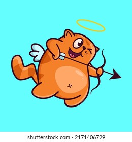 Cute red cat CUPID with a bow and arrow. Demonstrates emotions, love, happiness, joy. Cat character hand drawn style, sticker, emoji