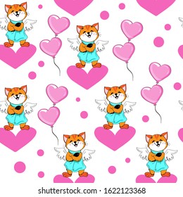Cute red cat cupid on a pink heart and pink heart shaped balloons on a white background Valentine's day seamless pattern