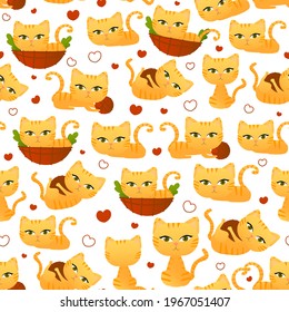 El gato rojo curado en diferentes poses patrón sin fisuras para los niños ropa de cama o textiles, papel de envoltura en forma de caricatura sobre fondo blanco, adorable adornado con carácter animal