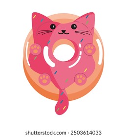 Cute Red Cat Donut Character. Kids Coloring Pages, White Glaze with confetti on donut. Isolated Vector illustration EPS. Bakery illustration design for print or web