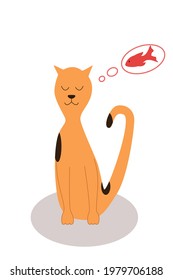 Cute red Cat dreams of fish that he wants to eat, vector illustration of a pet character
