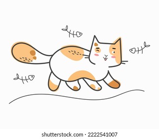 A cute red cat dreams of a fish. Isolated illustration of cartoon cunning animal. Icon design in flat style. Premium logo vector. Talisman. Sketch