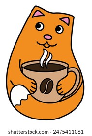 A cute red cat drinks coffee from a large cup - vector full-color picture. Red kitten with a cup of hot coffee, stylized image of the animal