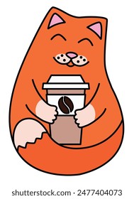 A cute red cat drinks coffee from a craft cup - vector full-color image. Red kitten with a glass of cappuccino, a stylized image of the animal