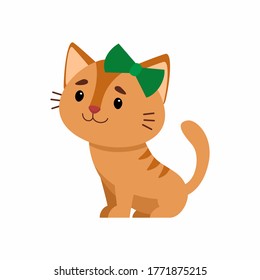 Cute red cat flat vector color illustration. Adorable kitten with green bow on head. Sitting funny domestic animal, kitten. Cartoon pet isolated on white background