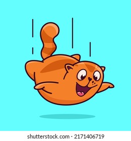 Cute red cat in flight. Demonstrates emotions, happiness, joy, fun. Cat character hand drawn style, sticker, emoji