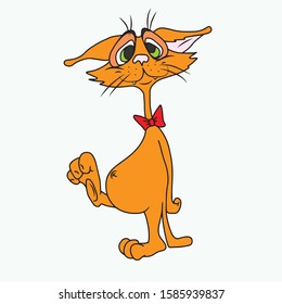 Cute red cat with a funny face and a red tie around his neck.On a white isolated background. Hand-drawn. Vector illustration.Form for banners, postcards. Animal