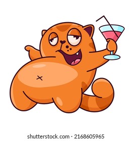 Cute red cat with a glass of wine. Party was a success, cat is drunk. Cat character hand drawn style, sticker, emoji