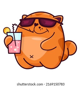 Cute red cat with glasses, drinks lemonade. Shows emotions, heat, summer, vacation. Cat character hand drawn style, sticker, emoji