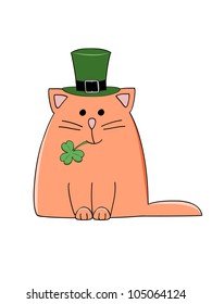 cute red cat with a green Irish hat and shamrock