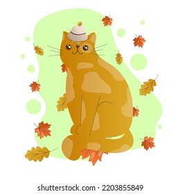 un lindo gato rojo en un sombrero se sienta entre las hojas de otoño