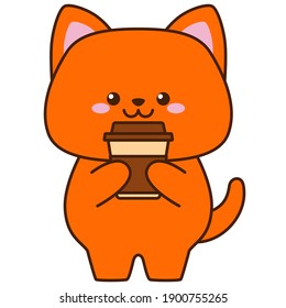 Cute red cat holding coffee isolated on a white background. Flat design for poster or t-shirt. Vector illustration
