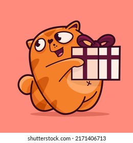 Cute red cat is holding a gift. Demonstrates emotions, joy, happiness, happy birthday. Cat character hand drawn style, sticker, emoji