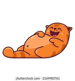 Cute red cat is holding his stomach with laughter. Shows emotions, laughter, lol, fun. Cat character hand drawn style, sticker, emoji