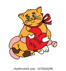 Cute red cat holds in its paws a red heart with the inscription I love you. Design element, cards for Valentine's day, birthday, print on a t-shirt.