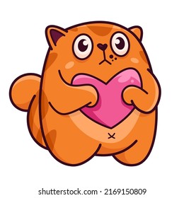 Cute red cat hugs a heart. Shows emotions, love, separation, miss you. Cat character hand drawn style, sticker, emoji