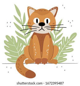 Cute red cat isolated on white background. Scandinavian cartoon animal in flat hand drawn style. Vector pet concept for children's books, print, poster, fabric, stickers.
