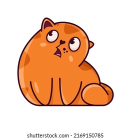 Cute red cat looks up in surprise. Shows emotions, surprise, who is here, what. Cat character hand drawn style, sticker, emoji