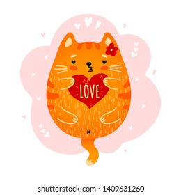 Cute red cat with love heart in paws on white background. Cute design for greeting card, gift tag, postcard, print, t-shirt. Lovely, valentine day, birthday. Vector illustration