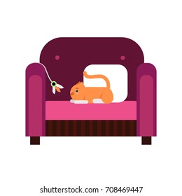 Cute red cat lplaying with toy while sitting on a purple sofa, home pet having fun cartoon vector Illustration