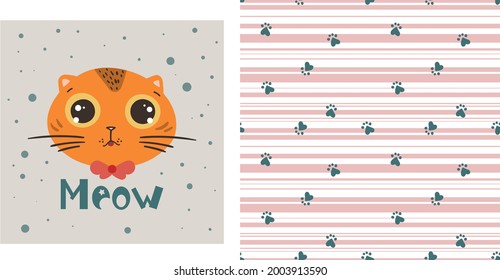 Cute red cat. Meow. Vector illustration in hand drawn flat style. Vector seamless pattern with cat paws. Children illustration. Set of elements and pattern. 