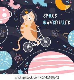 Cute red cat on a bicycle in space. Space adventure. Vector children's illustration. Stars, planets, the Milky Way, the month. Poster, postcard, clothing.