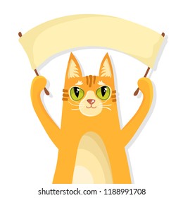 Cute red cat on a white background. Ad in paws, place for text. Illustration in a cartoon style