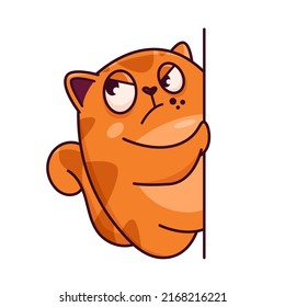 Cute red cat. Peeps around the corner and eavesdrops. Cat character hand drawn style, sticker, emoji