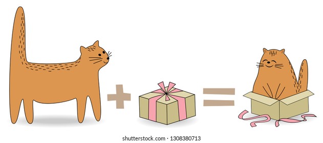 Cute red cat. Pet saw a gift. The animal has gone to the box and is happy and smiling. Cartoon image. Vector illustration.
