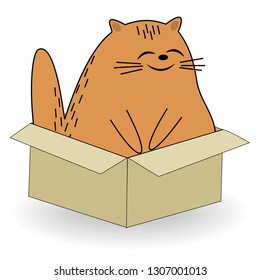 Cute red cat. Pet sits in the box. The animal is happy and smiling. Cartoon image. Vector illustration.