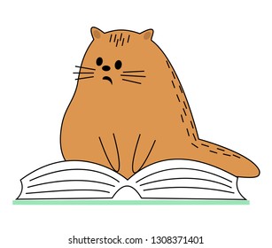Cute red cat. Pet sitting on the book. The animal is reading and wondering. Cartoon image. Vector illustration.