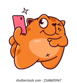Cute red cat with a phone. Taking a selfie. Cat character hand drawn style, sticker, emoji