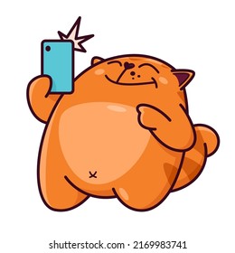 Cute red cat with a phone. Taking a selfie. Cat character hand drawn style, sticker, emoji
