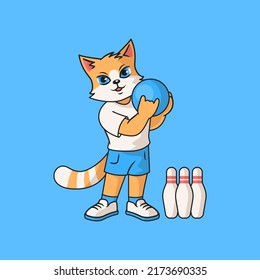 Cute red cat play bowling. Cartoon vector character for children