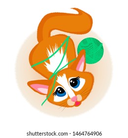 Cute red cat playing with a ball of thread. Vector art
