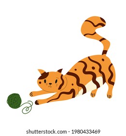 Cute Red Cat playing with ball of yarn, funny childish. Vector cartoon flat doodle illustration. Vector