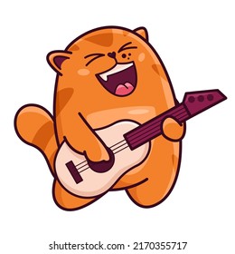 Cute red cat plays the guitar. Shows emotions, happiness, joy, song, music. Cat character hand drawn style, sticker, emoji