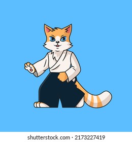 Cute red cat practicing Aikido. Cartoon vector character for children