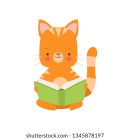 Cute Red Cat Reading Book, Adorable Smart Pet Animal Character Sitting with Book Vector Illustration