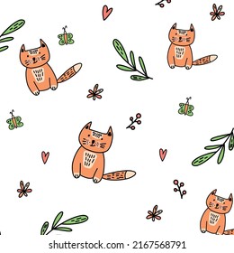 Cute red cat, seamless pattern. Doodle cartoon style. Isolated vector illustration for kids design prints, posters, t-shirts, stickers