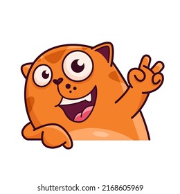 Cute red cat. Shows hello, everything is super. Cat character hand drawn style, sticker, emoji