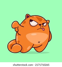 Cute red cat shows thumbs down. Demonstrates emotions, denial, bad, not good. Cat character hand drawn, sticker, emoticon