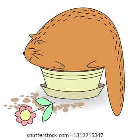 Cute red cat. Sits in a pot. The animal will throw up the pot. Flower and the ground lies nearby. Cartoon image of a pet. Vector illustration.