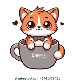 Cute red cat sitting inside a cup of coffee. Coffee inscription on mug. Lovely adorable vector cat illustration in cartoon style. Ready for banner, sticker and greeting card. Isolated on white.